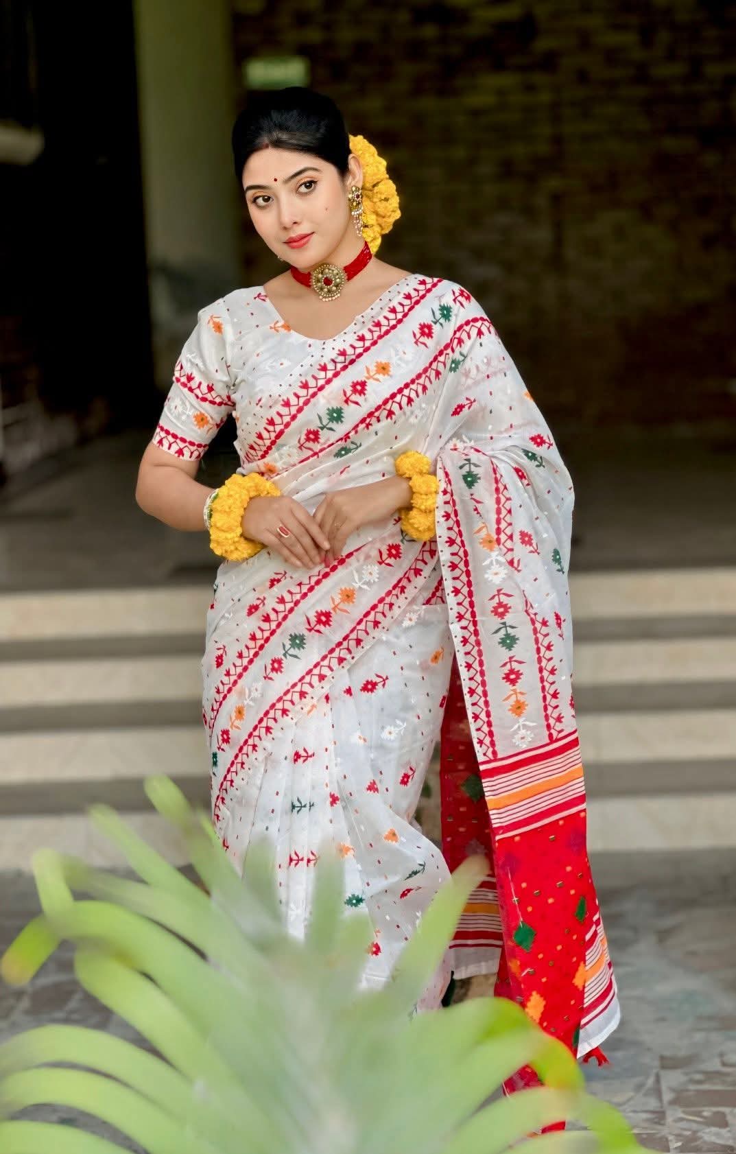 Special Puja Collection – Premium Half Silk Jamdani Block Print Saree with Blouse Piece Photo 3