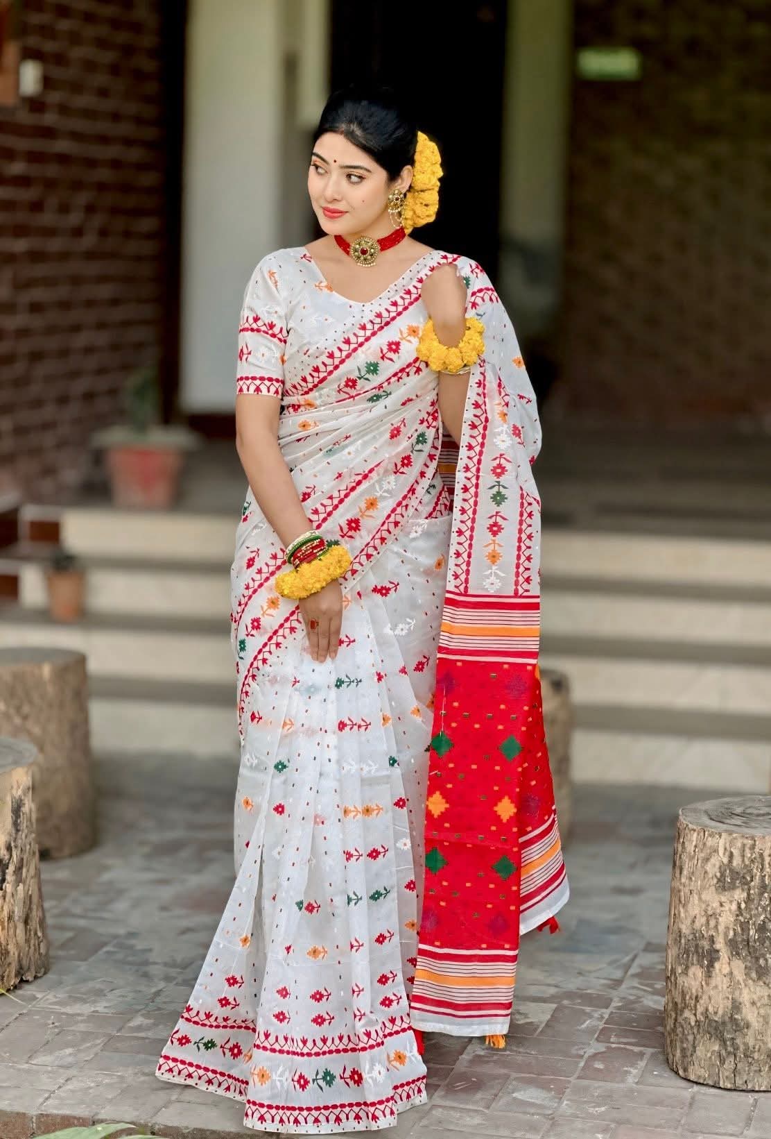 Special Puja Collection – Premium Half Silk Jamdani Block Print Saree with Blouse Piece Photo 2