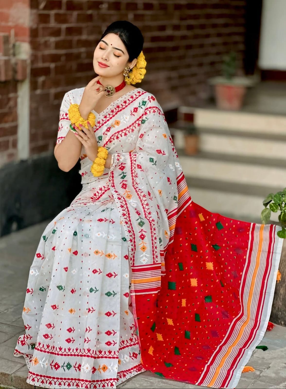 Special Puja Collection – Premium Half Silk Jamdani Block Print Saree with Blouse Piece